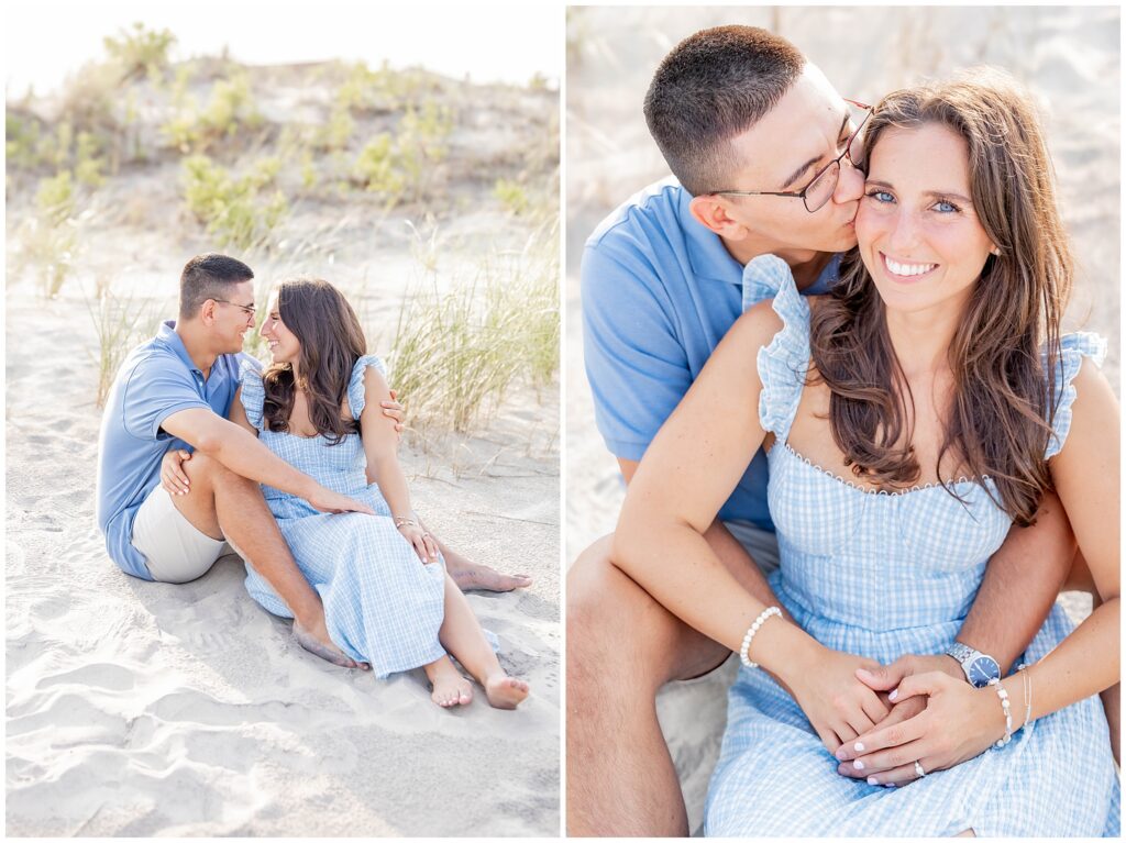 Couple embracing on the beach during an Ocean City NJ engagement session