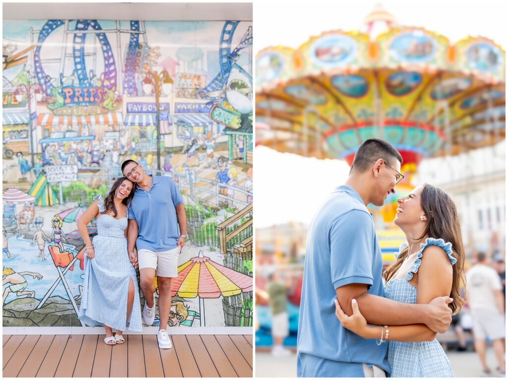 Couple embracing on the beach during an Ocean City NJ engagement session
