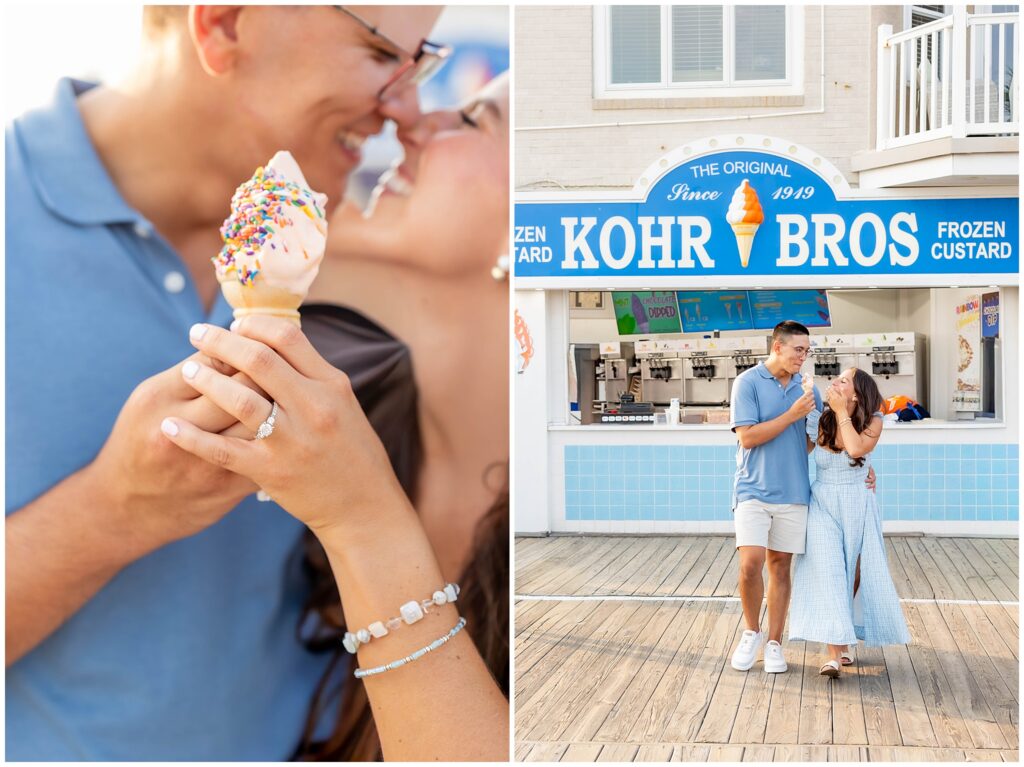 Ocean City NJ engagement couple walking along the colorful boardwalk