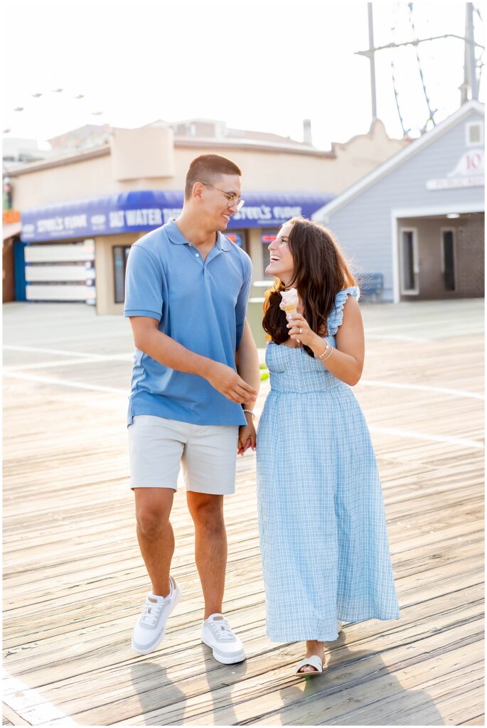Couple laughing together during an Ocean City New Jersey engagement session