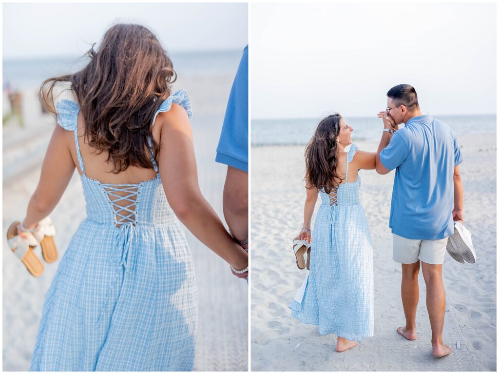 Couple walking barefoot along the Ocean City NJ shoreline